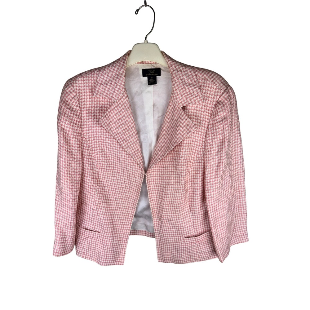 Brooks Brothers 346 Pink Houndstooth Linen Blazer Jacket Womens 14 Cropped Lined